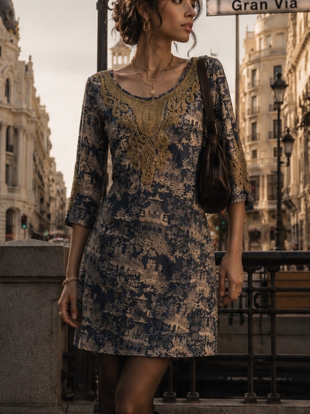 Almatrichi Sheath Dress‎ Madrid Spain City Print Cotton Blend Embroidered